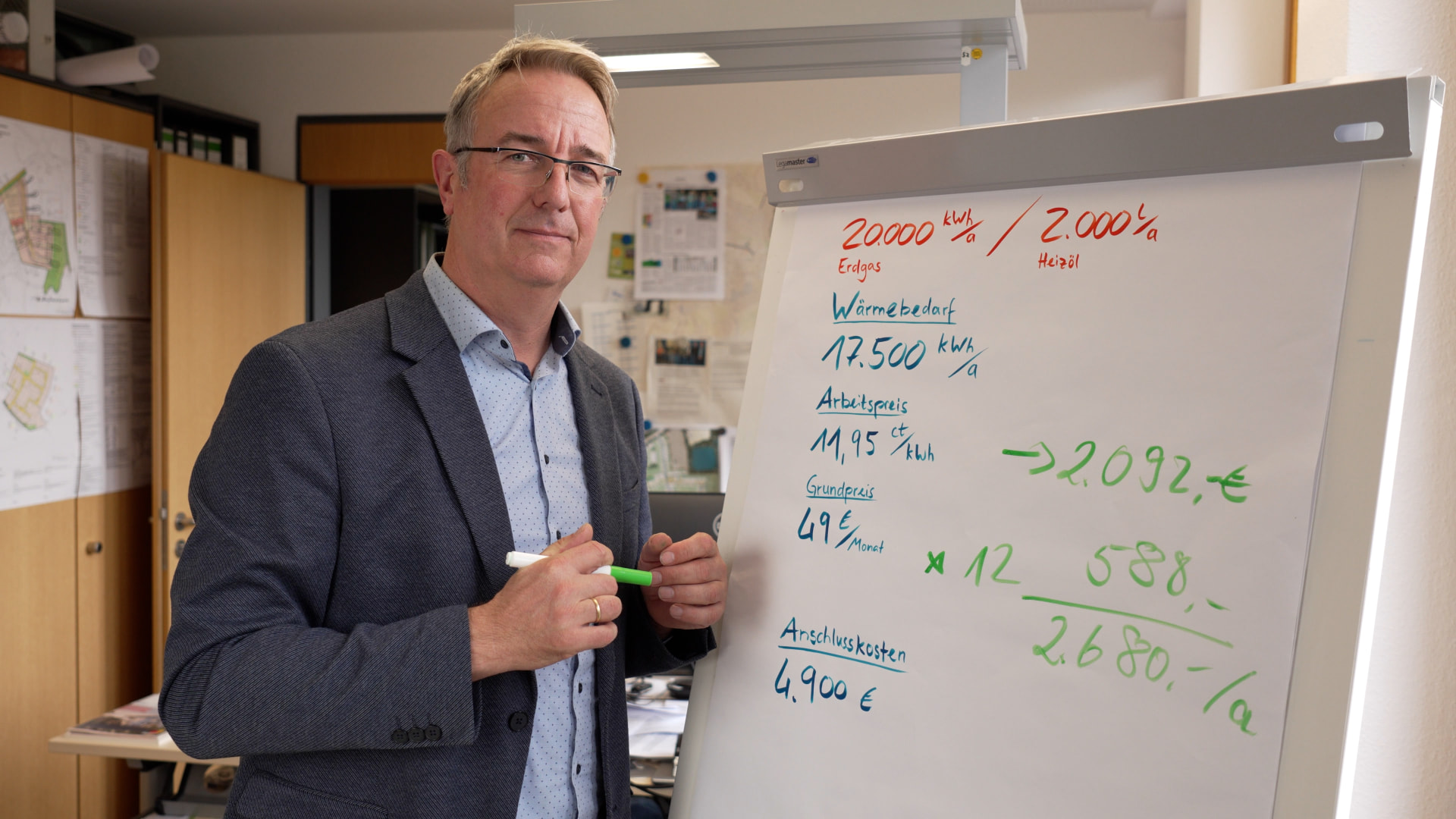 Beispielrechnung am Flipchart: 17.500 kWh Wärmebedarf ergeben 2.680 Euro pro Jahr